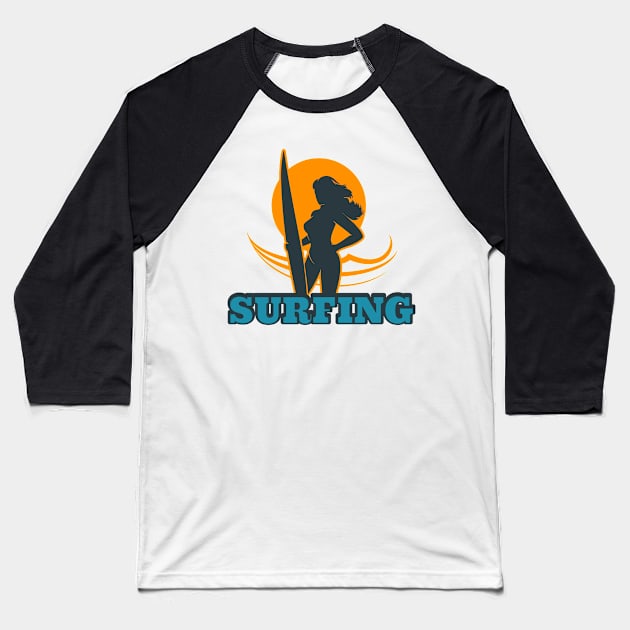 Surfing Colorful Emblem Baseball T-Shirt by devaleta